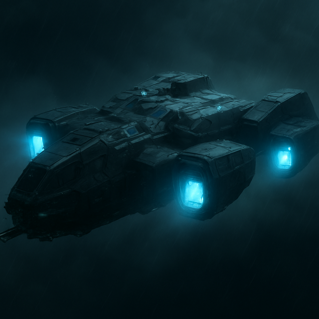 Stealth dropship descending through clouds at night